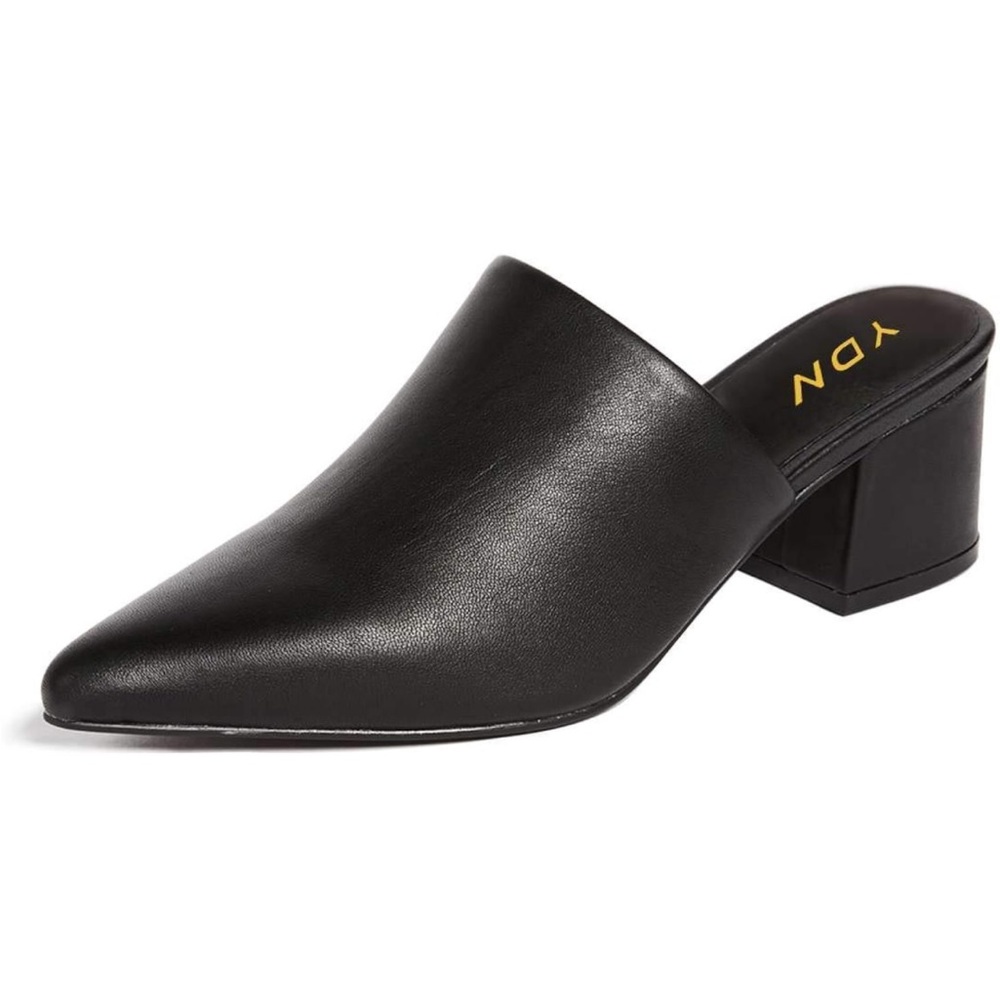Pointy black slip-on mule shoes, with block heels